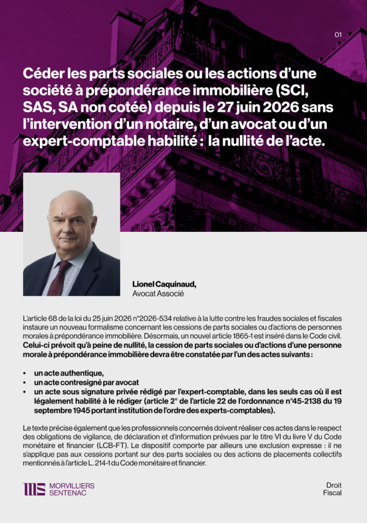 Illustration d'un article sur la cession de parts sociales par le cabinet Morvilliers Sentenac
